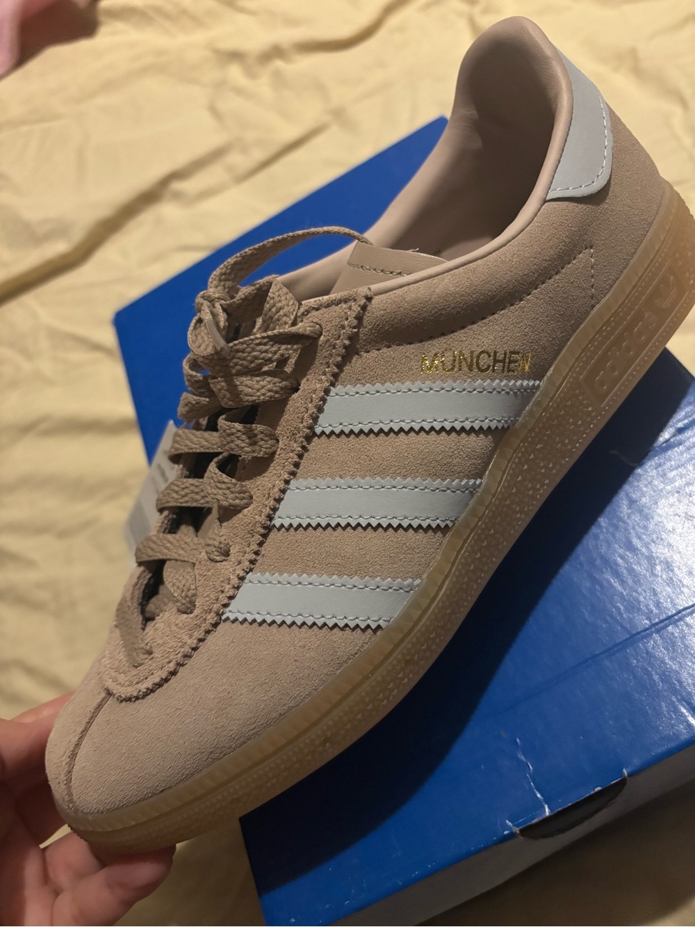 adidas Munchen Suede Sneakers in Tan with White Stripes